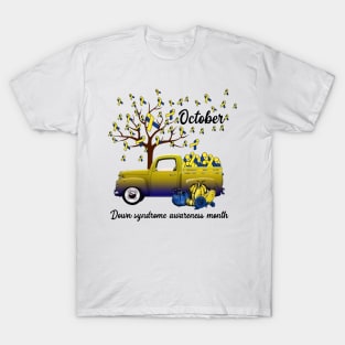 Blue And Yellow Ribbon Pumpkin Truck Down Syndrome Awareness T-Shirt